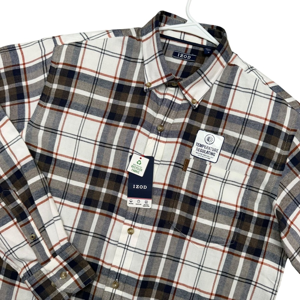 IZOD Button Down Shirt Mens M White Plaid Flannel Temperature Regulating NWT
